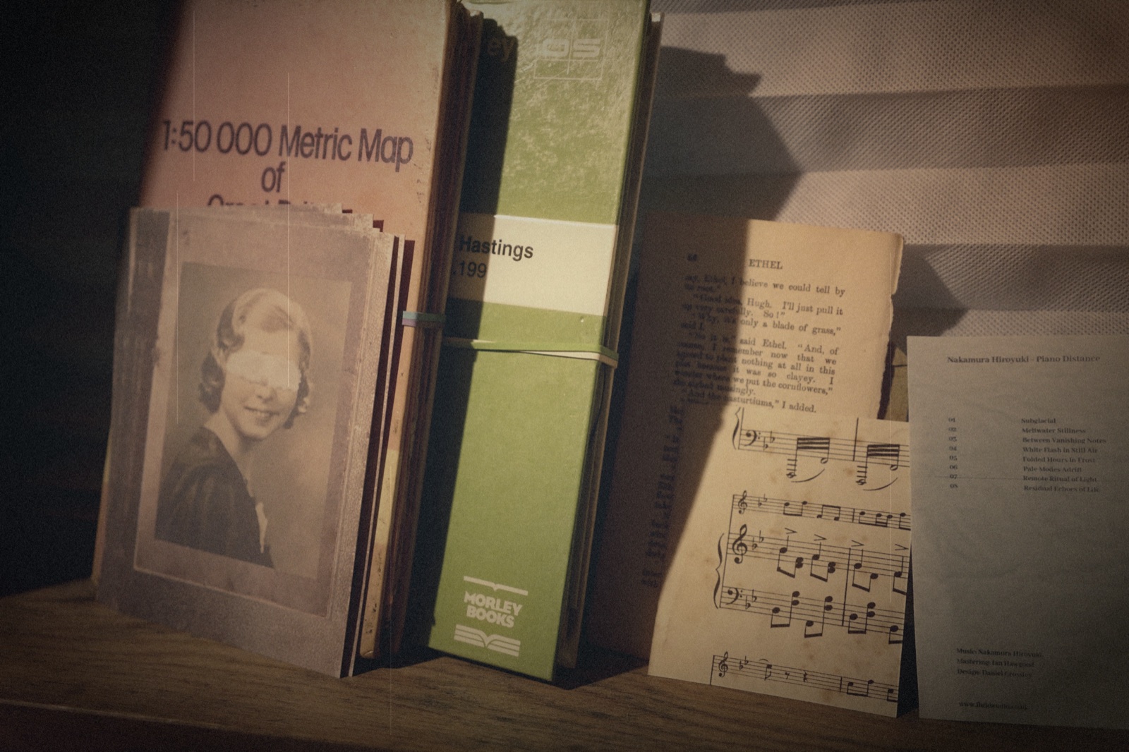 Piano Distance — Fluid Audio handmade CD: printed tracklist insert with vintage portrait, 1:50,000 Ordnance Survey map of Great Britain, antique sheet music and Morley Books spine.
